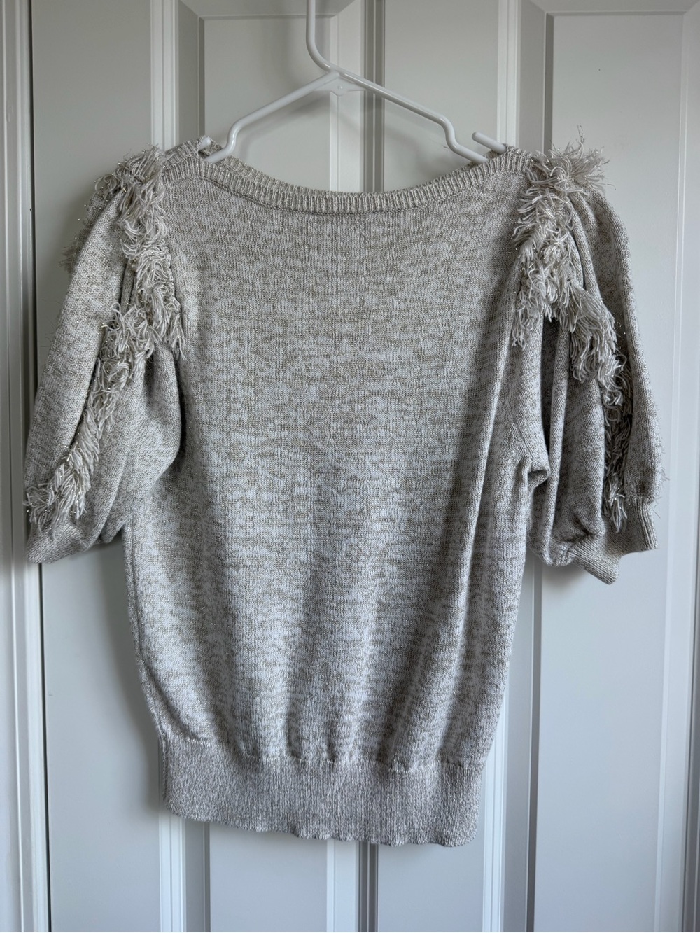 Ann Taylor Cream Fringe Sleeve Scoop-Neck Sweater